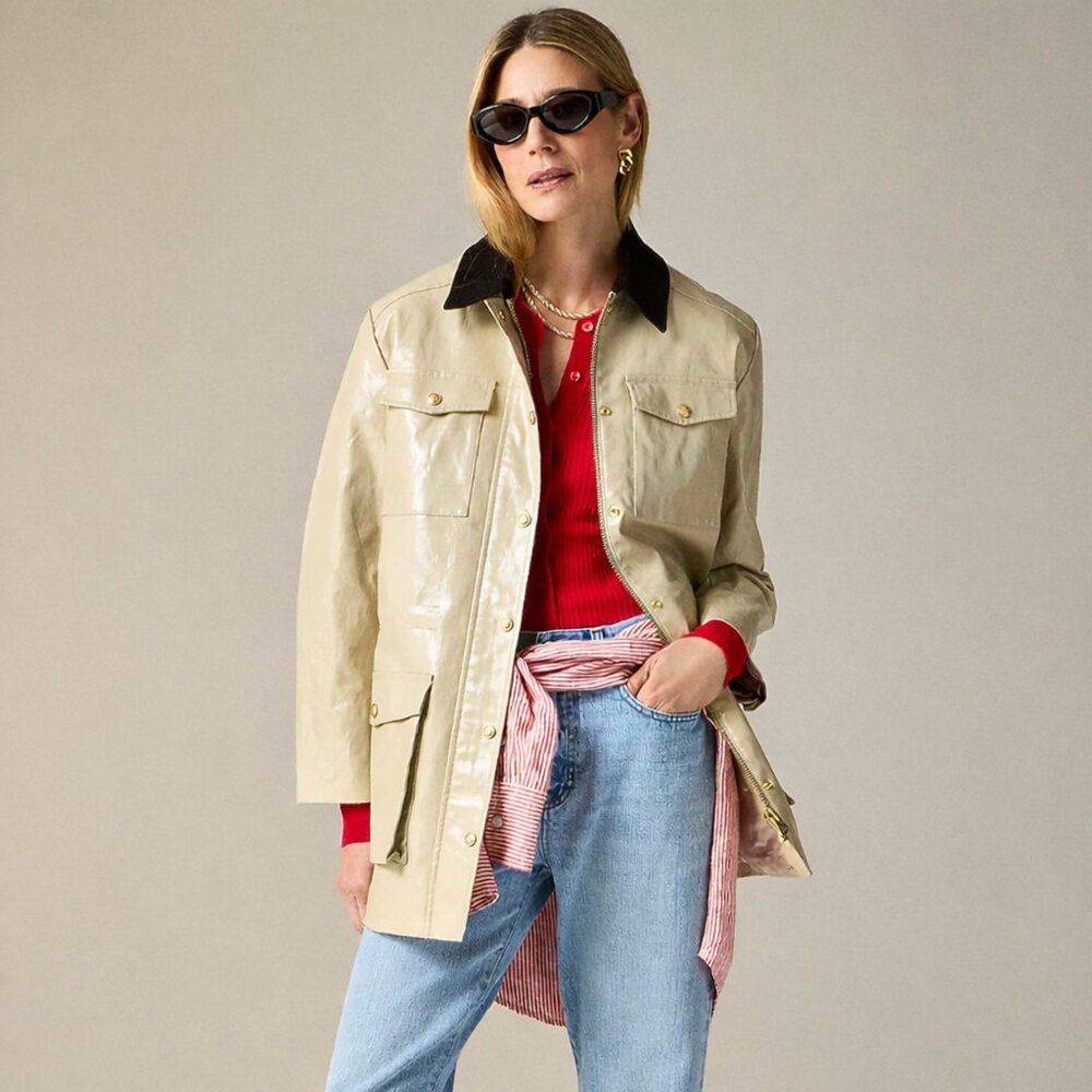 J. Crew Collection Barn Jacket in Laminated Linen L Khaki